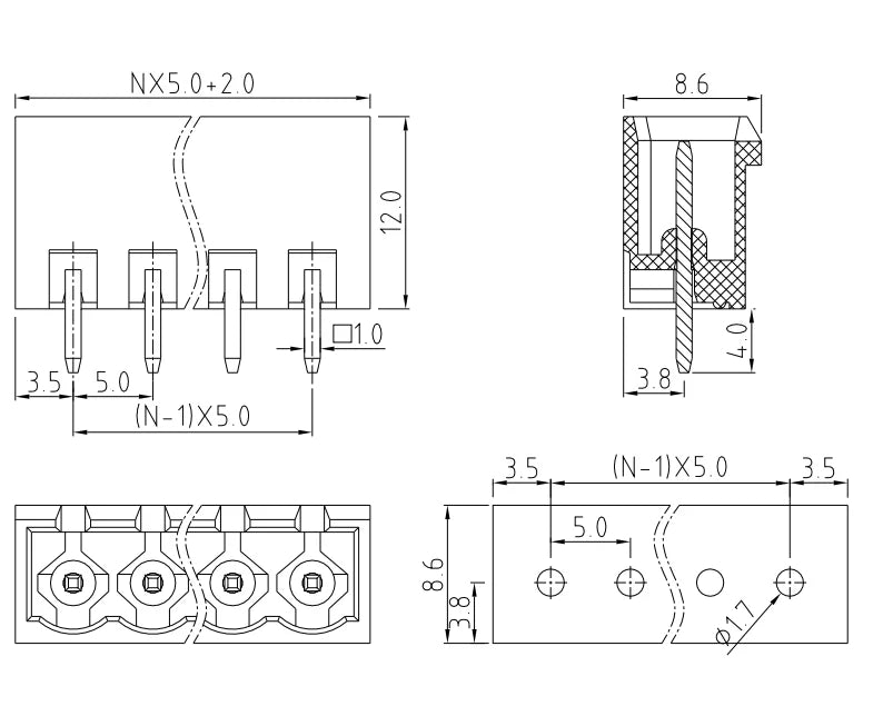 QS-500VC PCB Terminal Block 5.00mm Pitch 2-24P Green High Strength Screw Connector for Control Boards for Industrial Automation