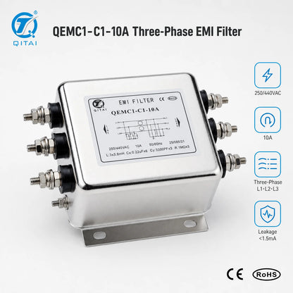 QEMC1-C1-10A Three Phase General Purpose EMI Filter 10A 250/440VAC Stud Terminal for Industrial Control Cabinet