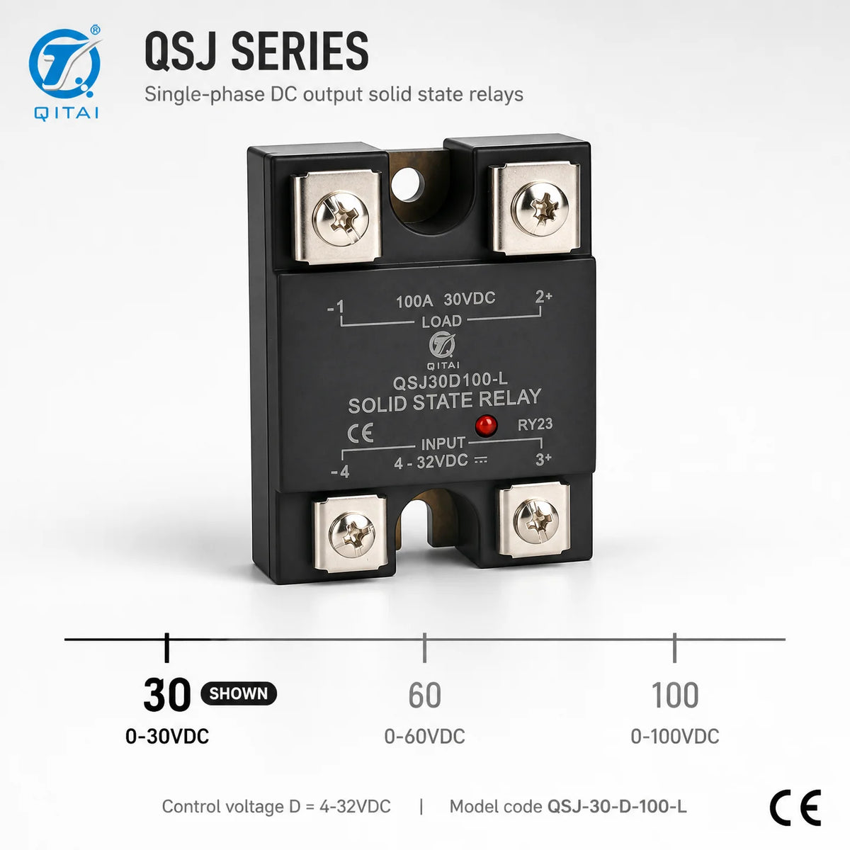 QSJ30D100-L DC Solid State Relay 100A 0-30VDC MOSFET Output Single Phase SSR Opto Isolated Panel Mount for DC Heating