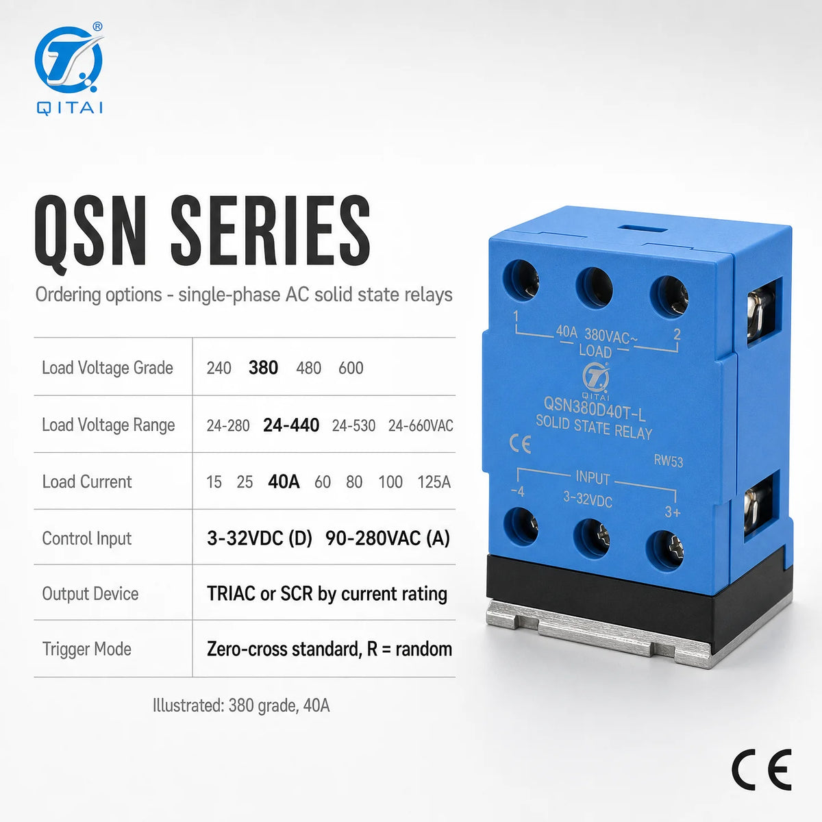 QSN380D40T-L Single Phase Solid State Relay 40A 380VAC DC Control TRIAC Zero Cross LED for Industrial Automation