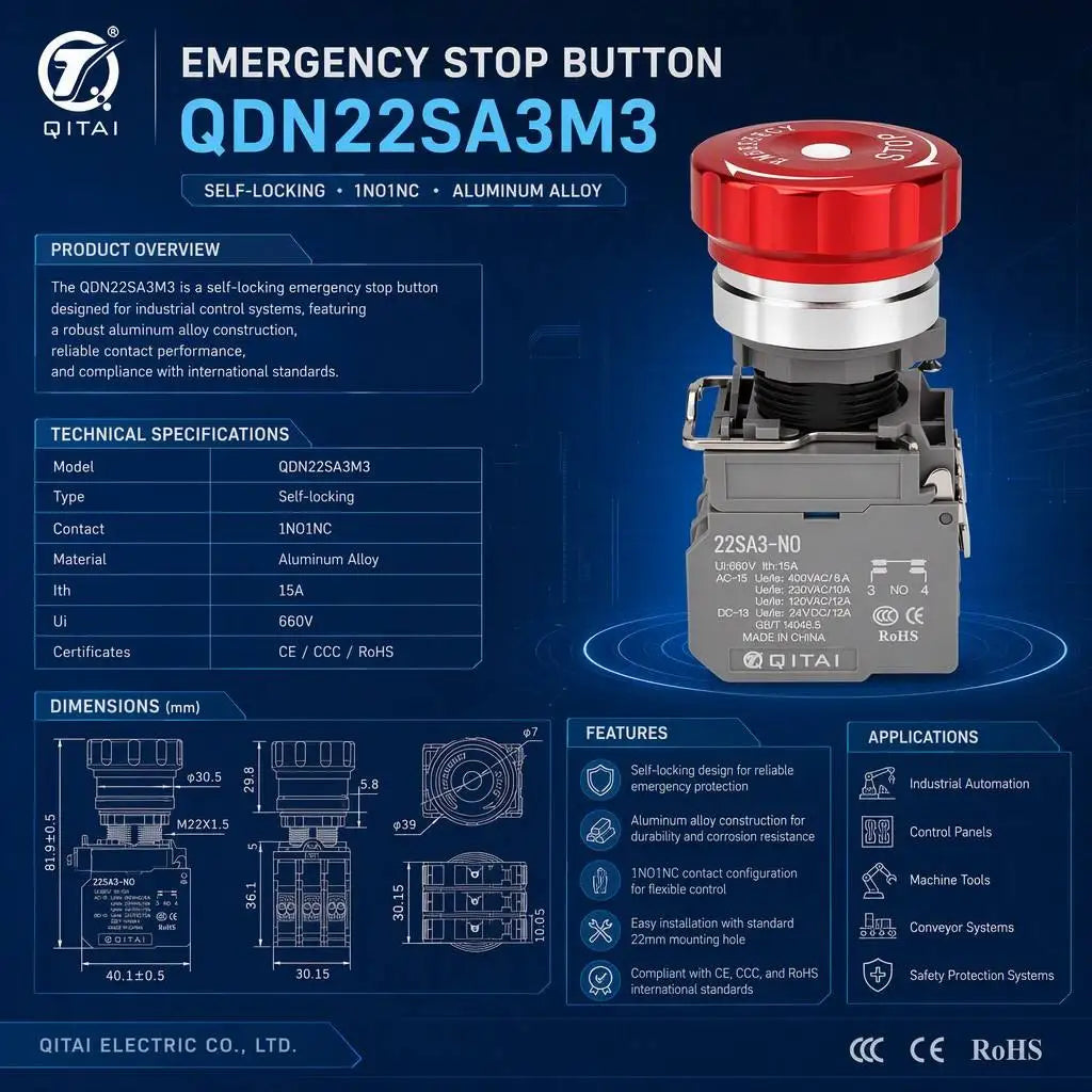 QDN22SA3M3-M11Z CR24V Emergency Stop Push Button 22mm 1NO1NC Self-locking Metal Mushroom Head IP65 Red LED 24V Plug-in