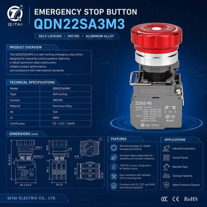 QDN22SA3M3-M11Z CR24V Emergency Stop Push Button 22mm 1NO1NC Self-locking Metal Mushroom Head IP65 Red LED 24V Plug-in