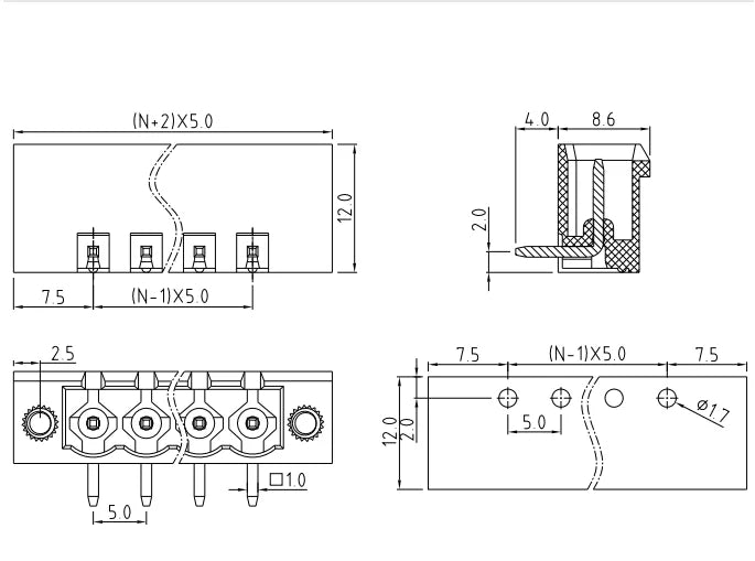 QS-500RF  PCB Terminal Blocks 5.00mm Pitch 2P-24P 300V 15A Green High Strength Screw Connector