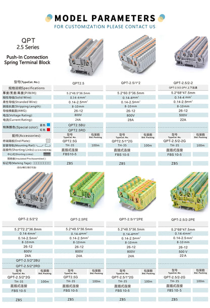 QPT16 16mm² 1000V 76A Spring Wire Connection Copper Contact High Quality Big Current DIN Rail Terminal Block