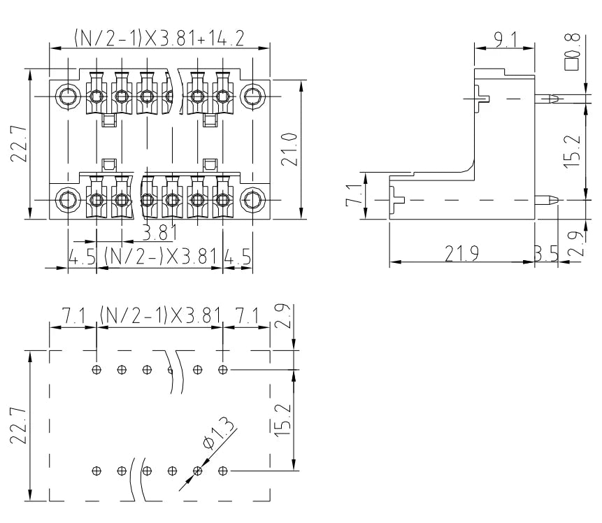 QSDL-381VF  3.81mm  Double Layer 2P-24P Socket Terminal Block Connector PCB Plug-in Type Green Terminal Block with Flange