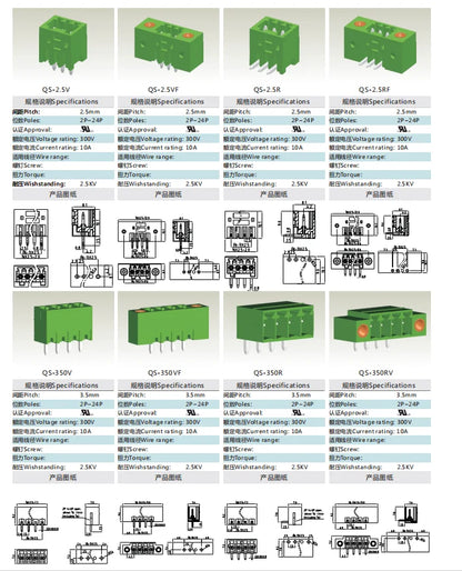 QS-350VF  PCB Terminal Blocks 3.50mm Pitch 2-24P 300V 10A Green High Strength Screw Connector with Flange