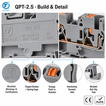 QPT-2.5 2.5mm2 DIN Rail Terminal Block 800V 24A Push-in Spring Connection Feed Through Wire Connector AWG 26-12