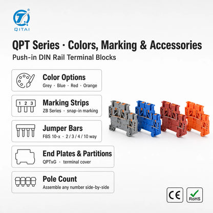 QPT-2.5 2.5mm2 DIN Rail Terminal Block 800V 24A Push-in Spring Connection Feed Through Wire Connector AWG 26-12