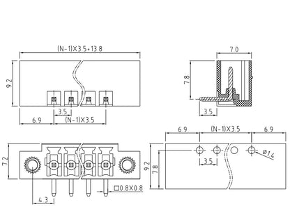 QS-350RV PCB Terminal Blocks 3.50mm Pitch 2-24P 300V 10A Green High Strength Screw Connector