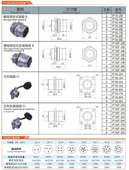 P16-3K   Butting Type Socket K 16mm 250V Metal Circular Aviation Connector Waterproof for Aviation 2-9 PIN