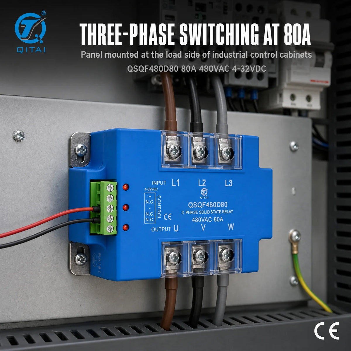 QSQF480D80 Three Phase Solid State Relay 80A 48-530VAC SCR Zero Cross L1 L2 L3 U V W Terminals for Large Industrial Oven