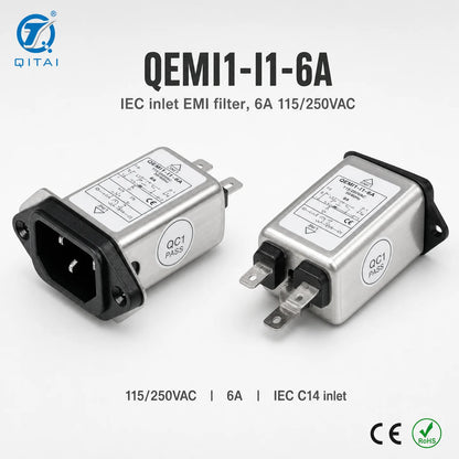 QEMI1 Series Single Phase IEC Socket EMI Power Filter 1A-20A 115/250VAC 50/60Hz Faston Output for Switching Power Supply