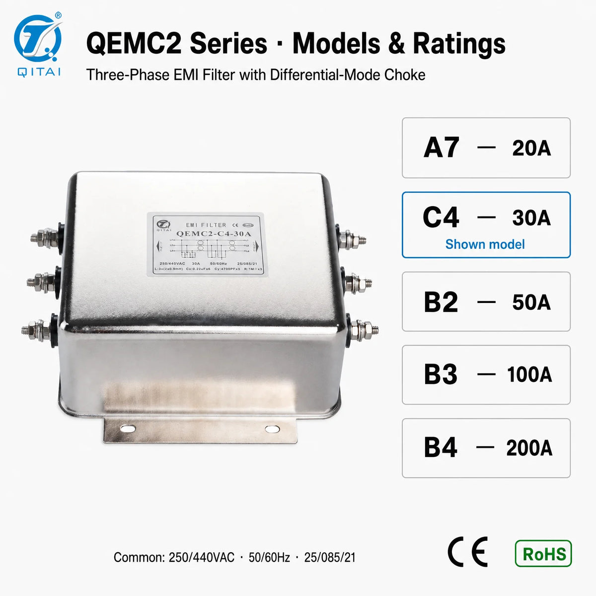 QEMC2-C4-30A Three Phase High Performance EMI Filter Differential Mode Choke 30A 250/440VAC Stud Terminal for CNC Machine Tool