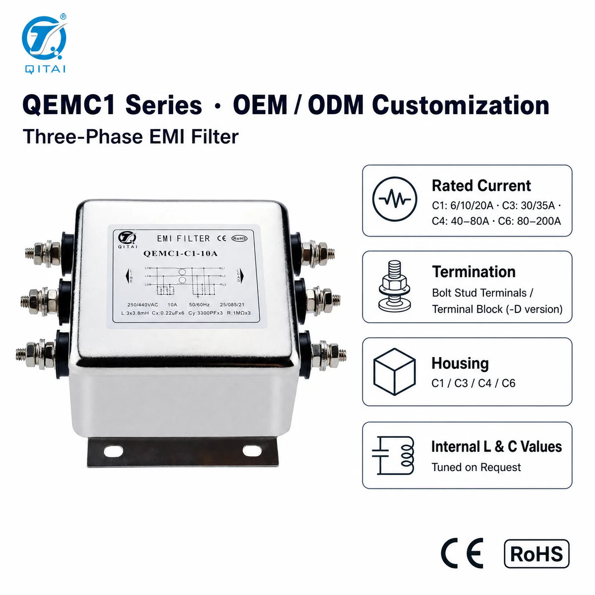 QEMC1-C1-10A Three Phase General Purpose EMI Filter 10A 250/440VAC Stud Terminal for Industrial Control Cabinet