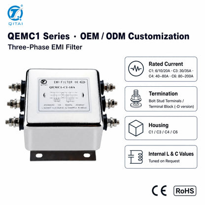 QEMC1-C1-10A Three Phase General Purpose EMI Filter 10A 250/440VAC Stud Terminal for Industrial Control Cabinet