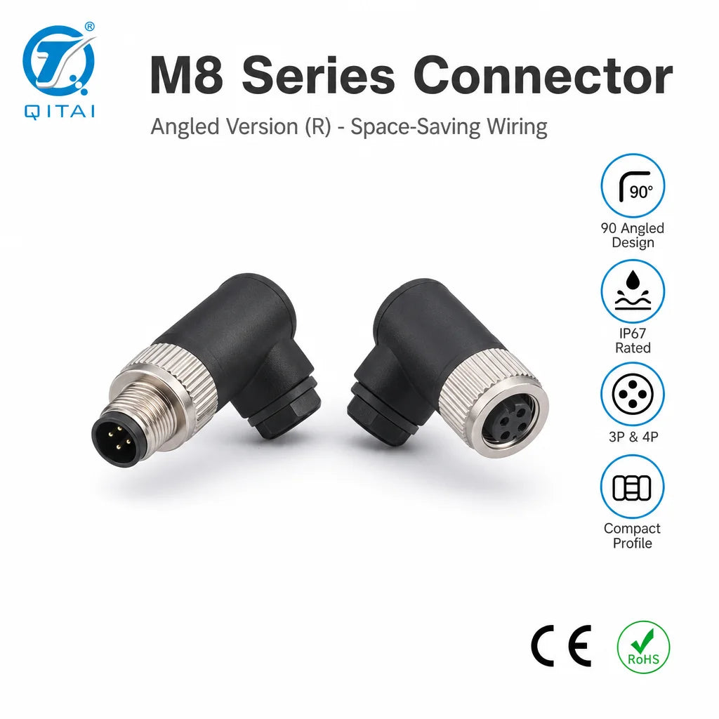 M8-M03R M04R 3 Pin 4 Pin M8 Right Angle Connector Male Plug Screw Terminal IP67 4A 60V Waterproof Bent for Conveyor System