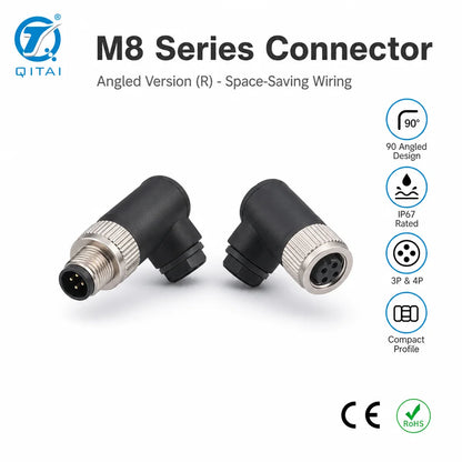 M8-M03R M04R 3 Pin 4 Pin M8 Right Angle Connector Male Plug Screw Terminal IP67 4A 60V Waterproof Bent for Conveyor System