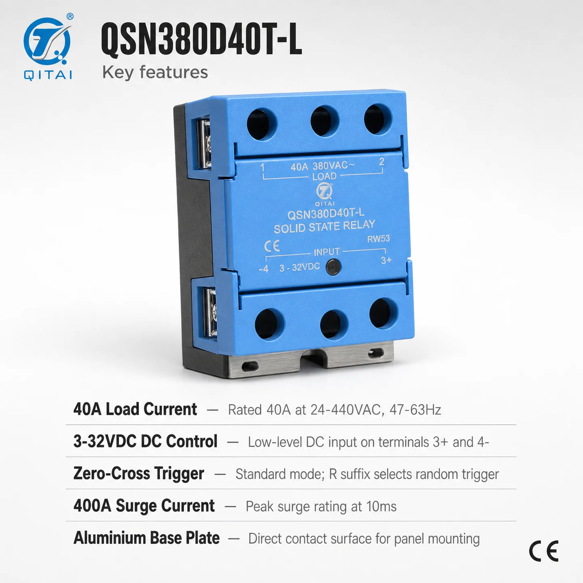 QSN380D40T-L Single Phase Solid State Relay 40A 380VAC DC Control TRIAC Zero Cross LED for Industrial Automation