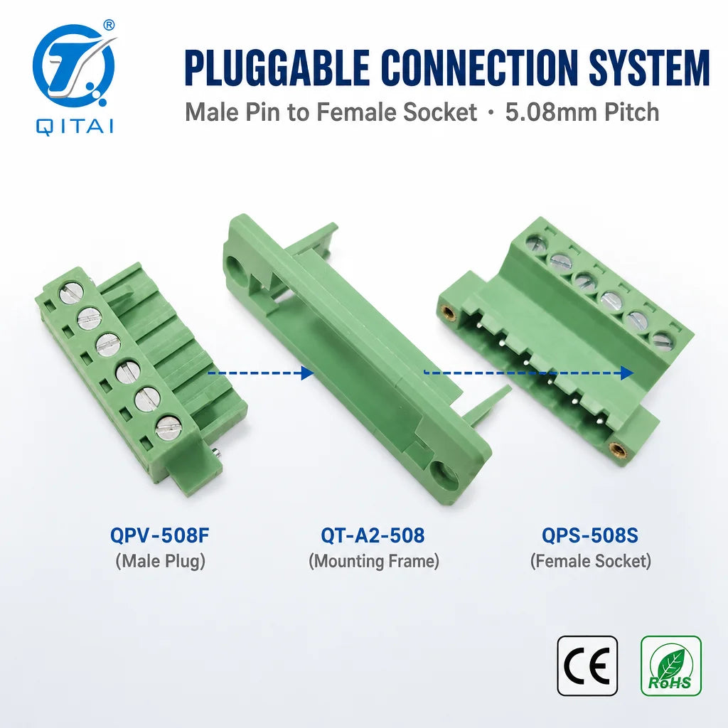 QPV-508 Male Plug PCB Terminal Block 5.08mm Pitch 2-24P 2.5mm2 300V 15A M3.0 Screw for Circuit Board Wiring Harness
