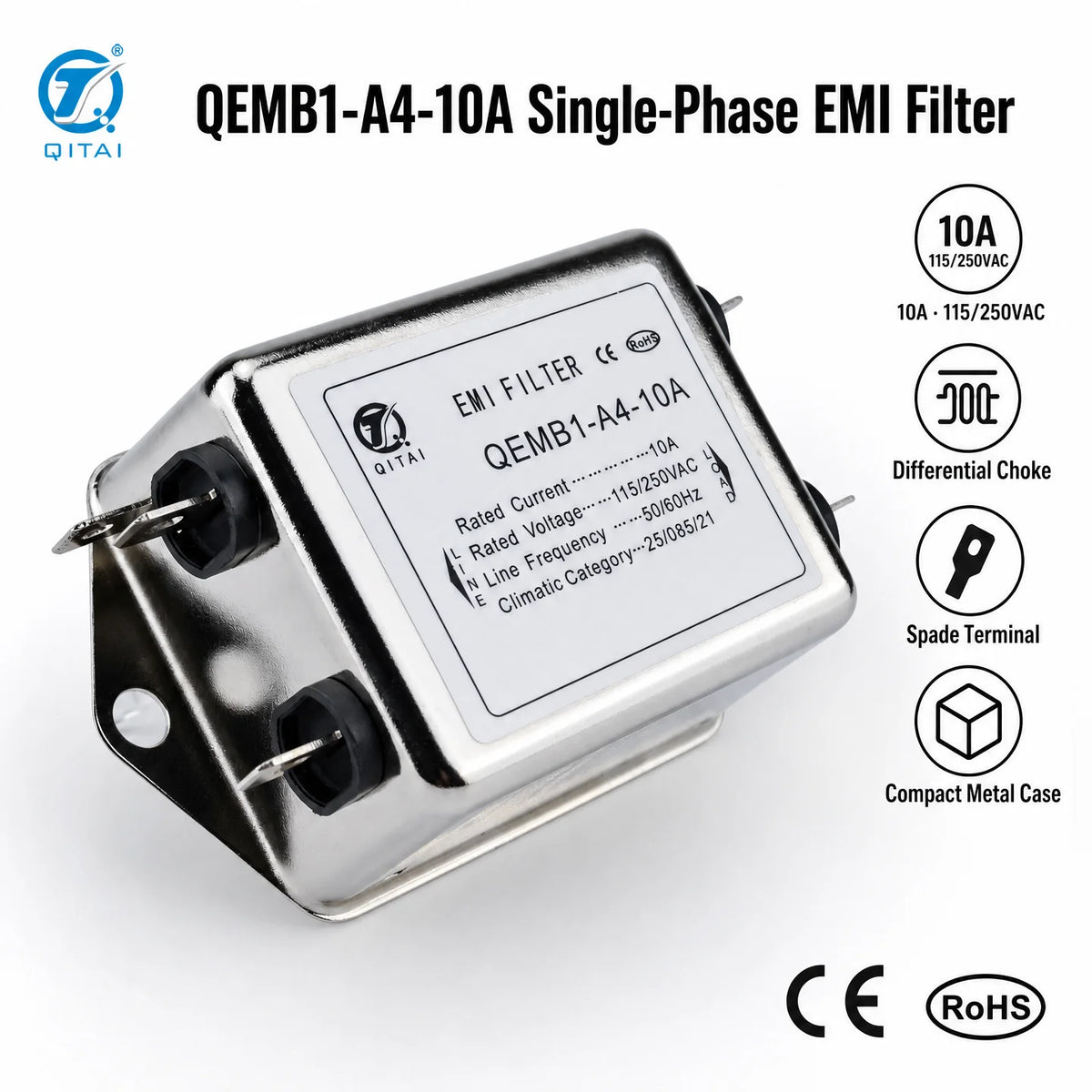 QEMB1-A4-10A 10A Single Phase Mains EMI Filter Differential dimension drawing