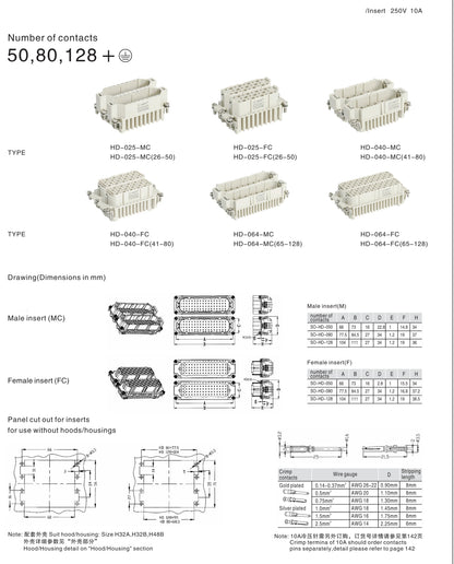 HD-050 Heavy Duty Connector Insert, 250V 10A MC Male/FC Female, Crimp Terminal Industrial Automation Panel Mount Connector
