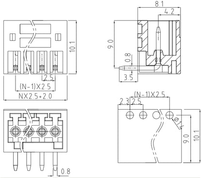 QS-250R PCB Terminal Blocks 2.50mm Pitch 2-24P 300V 10A Green High Strength Screw Connector