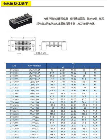 QITAI Factory Supply QTB-1004 17.5A Double Row Terminal Block with Cover Power Connector Power Wiring Terminal Barrier Strip