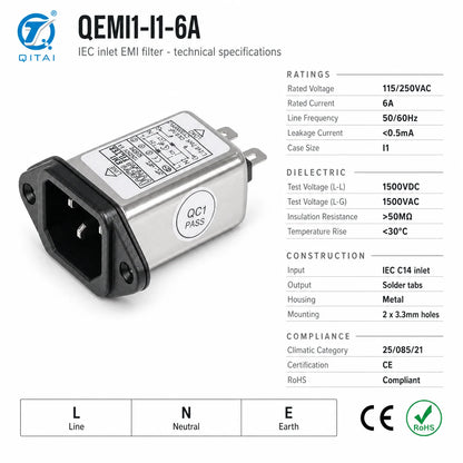 QEMI1 Series Single Phase IEC Socket EMI Power Filter 1A-20A 115/250VAC 50/60Hz Faston Output for Switching Power Supply