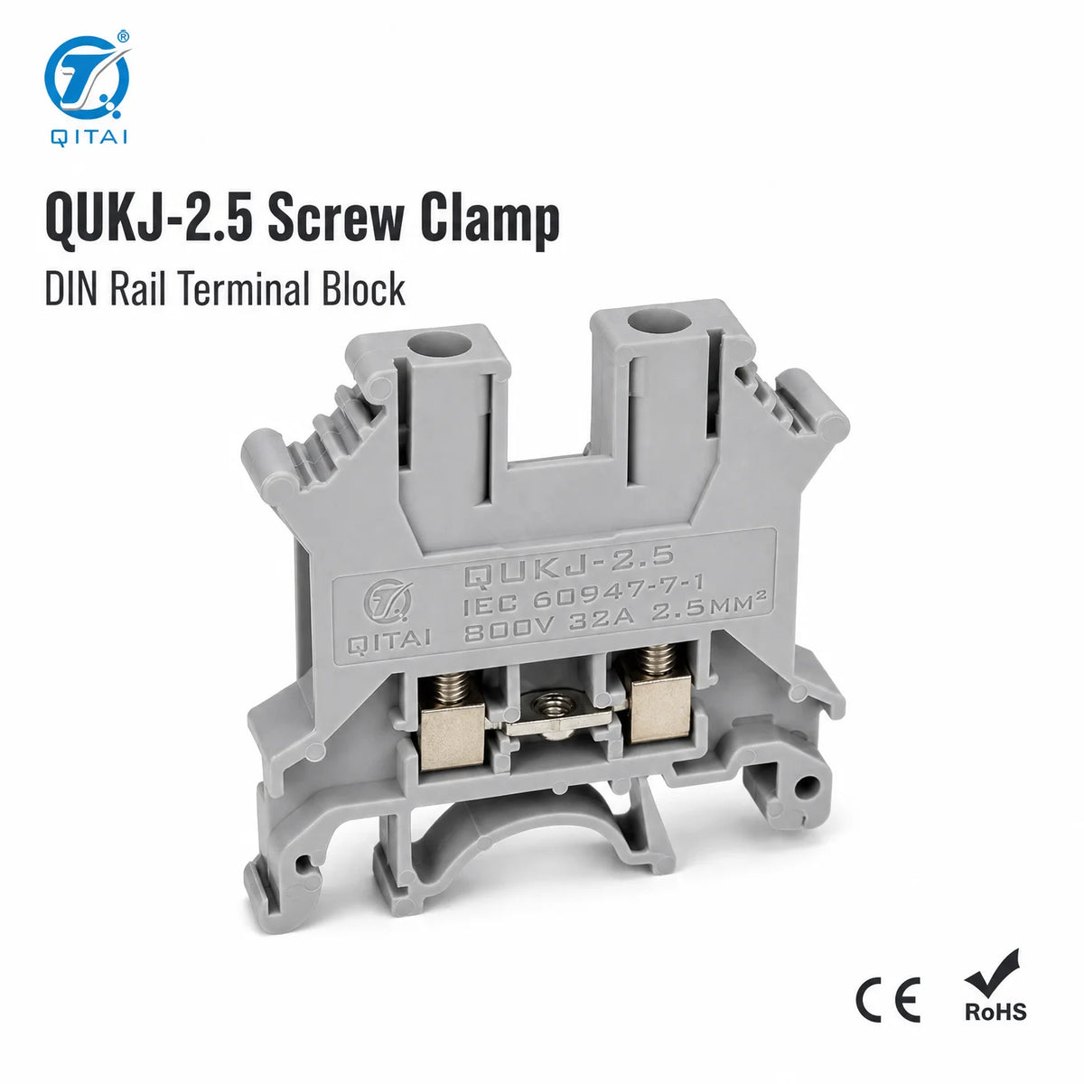 QUKJ-2.5 800V 24A DIN Rail Screw Feed-Through Terminal Block 0.2-2.5mm2 Nickel-Plated Copper PA66 CE RoHS for Control Cabinet