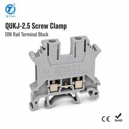 QUKJ-2.5 800V 24A DIN Rail Screw Feed-Through Terminal Block 0.2-2.5mm2 Nickel-Plated Copper PA66 CE RoHS for Control Cabinet