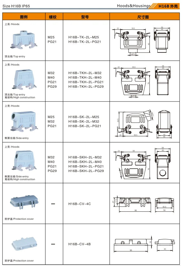 H16B-TKH-2L-M32 Heavy Duty Industrial Connector Compact Series Aluminum Housing Top Entry Protective Hoods