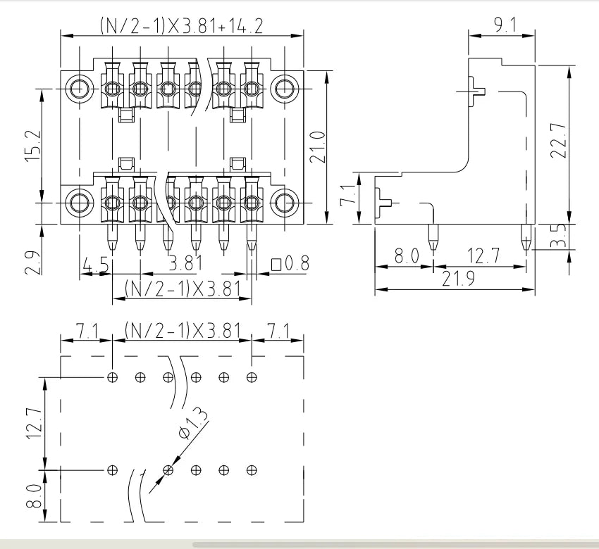 QSDL-381RF 3.81mm Double-Layer 2P-24P Socket Terminal Block Connector Green PCB Plug-In Type with Flange