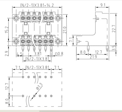QSDL-381RF 3.81mm Double-Layer 2P-24P Socket Terminal Block Connector Green PCB Plug-In Type with Flange