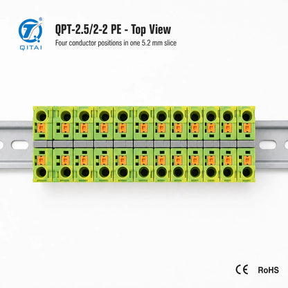 QPT-2.5/2-2PE Double Level Ground Terminal Block 2.5mm2 Push-in Protective Earth 500V 22A for Electrical Panel Wiring