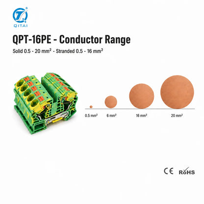 QPT-16PE Ground Terminal Block 16mm2 Protective Earth 1000V 76A Push-in for High Current Power Distribution Panel