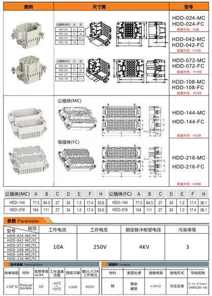 HD-064-MC 10A 250V Heavy Duty Connector Male Insert Crimp Terminal for Industrial Equipment