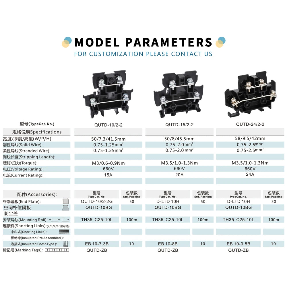 QUTD-10/2-2 Double Level Screw Terminal Block 660V 15A Automotive Din Rail Fuse Disconnect PA66 Brass CE/RoHS Standards