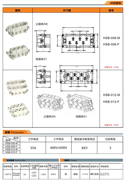 HSB-012-M 35A 400V 690V Heavy Duty Connector V0 Male Insert Screw Terminal for Industrial Equipment