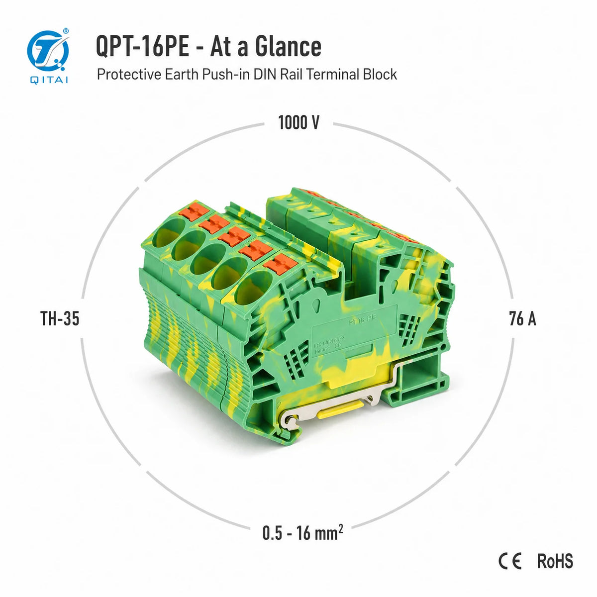 QPT-16PE Ground Terminal Block 16mm2 Protective Earth 1000V 76A Push-in for High Current Power Distribution Panel