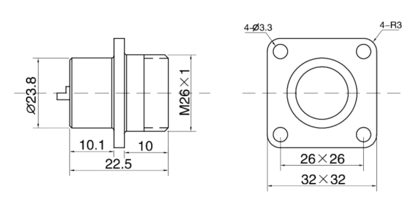 P24F-10H  Square Backward Installed Socket H 24mm  250V Metal Circular Aviation Connector Waterproof for Aviation 6/10/12/19 PIN