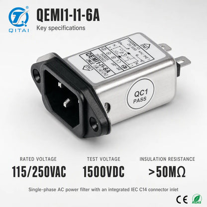 QEMI1 Series Single Phase IEC Socket EMI Power Filter 1A-20A 115/250VAC 50/60Hz Faston Output for Switching Power Supply