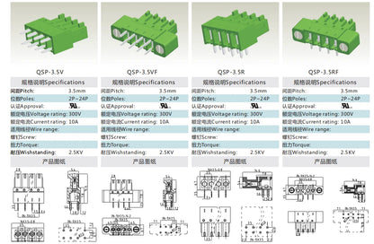 QSP-3.5VF 3.5mm PCB Plug in Terminal Block Connector QSP 3.5VF Socket Plug 2P 24P Green Flange Type for Industrial Automation