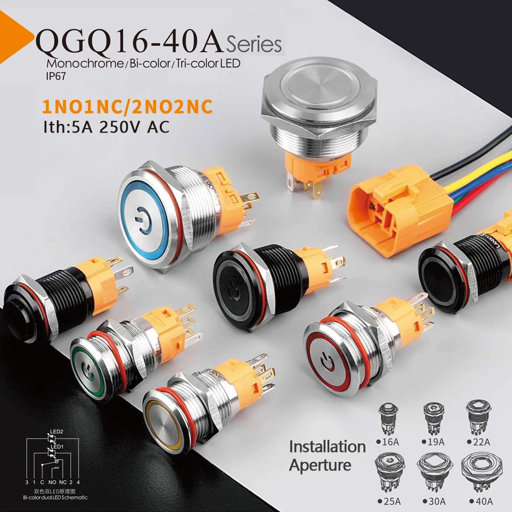 22mm 16 QDN Aluminum ABS Metal Marine Push Button Switches Selector Switch Waterproof IP53 10A 1NO Emergency Stop Start Function