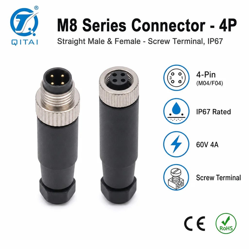 M8-M03 M04 3 Pin 4P M8 Sensor Connector Male Plug Screw Terminal IP67 Waterproof 4A 60V Circular for Proximity Sensor Automation
