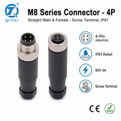 M8-M03 M04 3 Pin 4P M8 Sensor Connector Male Plug Screw Terminal IP67 Waterproof 4A 60V Circular for Proximity Sensor Automation
