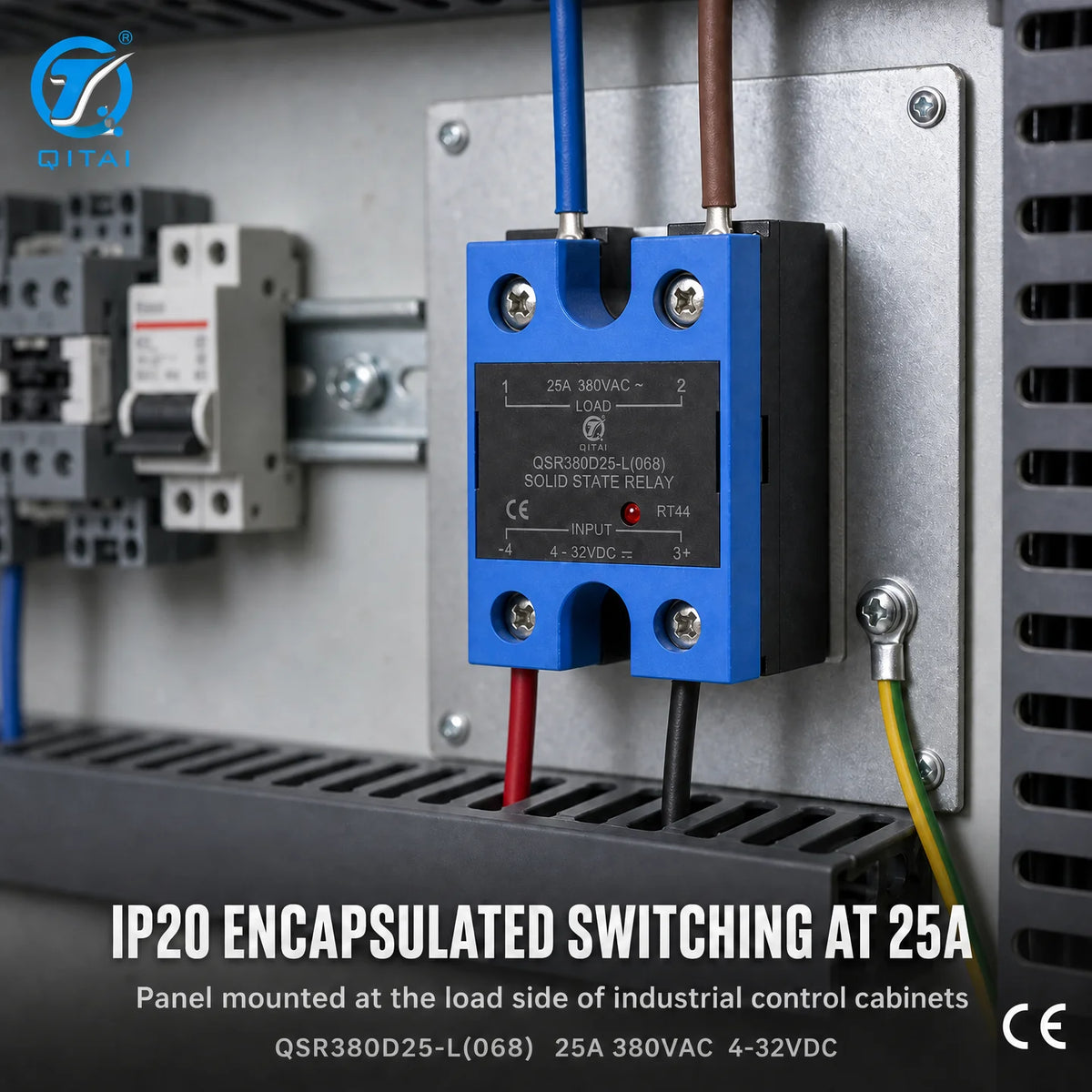 QSR380D25-L(068) Sealed Single Phase Solid State Relay 25A 48-380VAC IP20 SCR Output Zero Cross LED for Plastic Machinery
