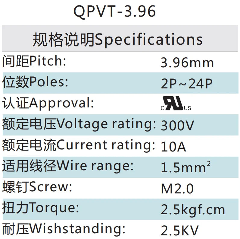 QPVT-3.96 3.96mm Pitch 2P-24P 300v 10A High Strength Spring Wire Strong Shock Resistance Plug Connector Terminal Blocks PCB