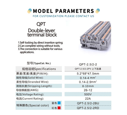 PTTB Double Layer Feed Through Push-in Din Rail Spring Electrical Connection Wire Connector Industry Wiring Terminal Block