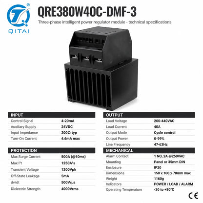 QRE Series Three Phase SCR Power Controller Solid State Relay 25-80A 200-440VAC 4-20mA IP20 for Industrial Heating