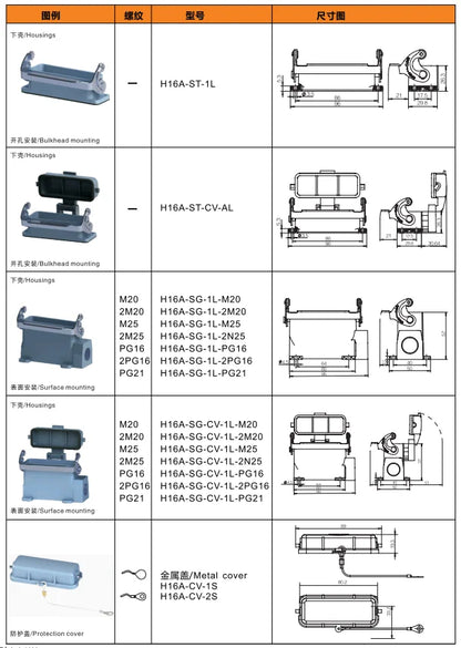 QITAI H16A-SG-1L-2PG16 Heavy Duty Backshell Connector Aluminum Compact Housing Series Top Entry Silver Protective Hoods
